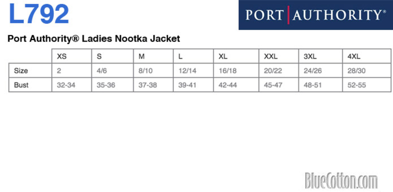 Size chart for a L792 Port Authority Ladies Nootka Jacket